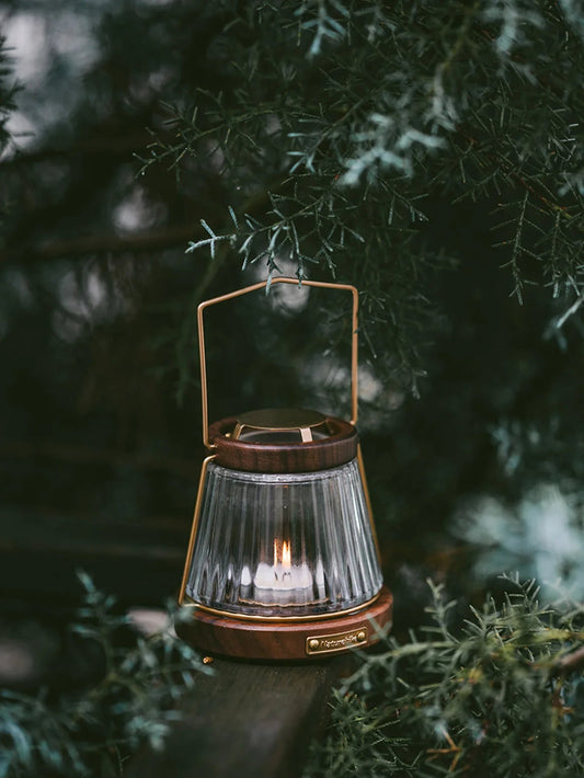 Lamp Candle Hanging Vintage Lantern Wooden Glass Candlesticks Camping Atmosphere