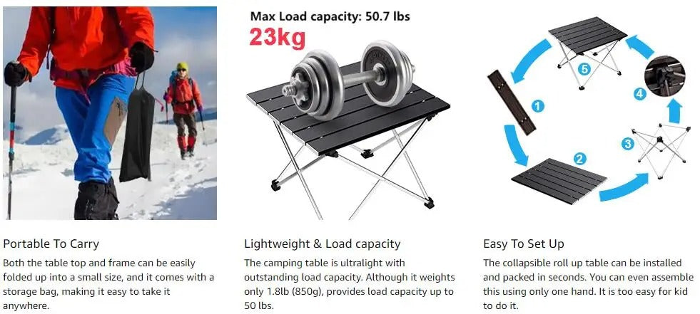 Portable Camping Table Folding Side Table Aluminum Top for Camping Hiking Picnic