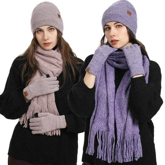 Fashionable Plush Knit Hat, Scarf, and Gloves Set for Women - Winter Woolen Yarn