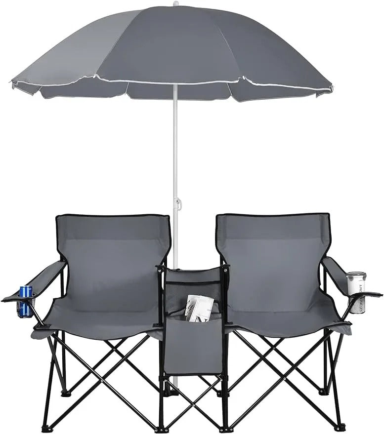 Portable Folding Picnic Double Chair W/Umbrella Table Cooler Beach Camping Chair