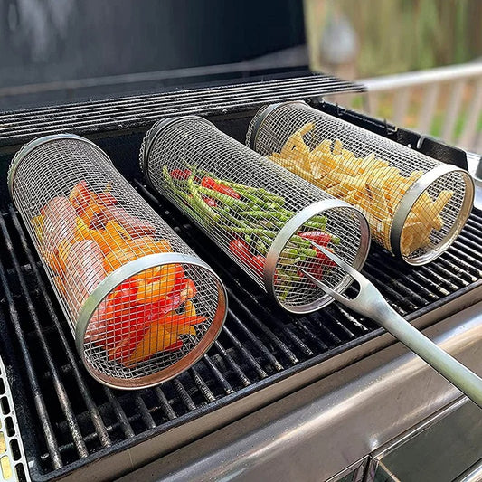 Stainless Steel BBQ Rolling Grill Basket Portable Outdoor Camping Barbecue Rack