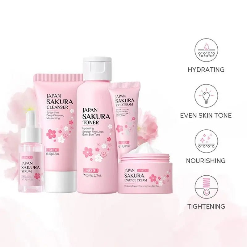 Sakura Skincare Set: Facial Cleaner, Serum, Anti-Acne Gel, Moisturizer & Eye Cream