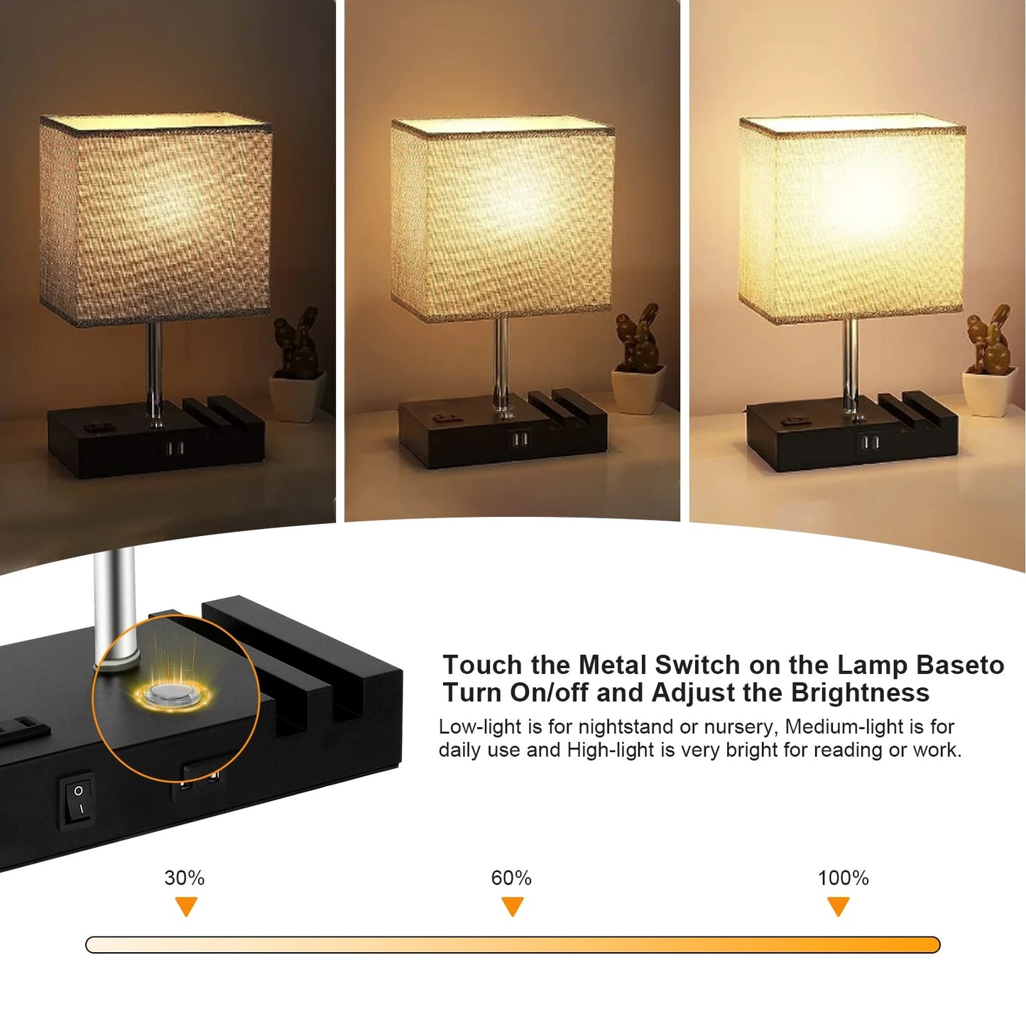 Bedside Lamp with 3 Color Temperatures, 2 USB Ports, AC Outlet, Phone Stand, and LED Bulb