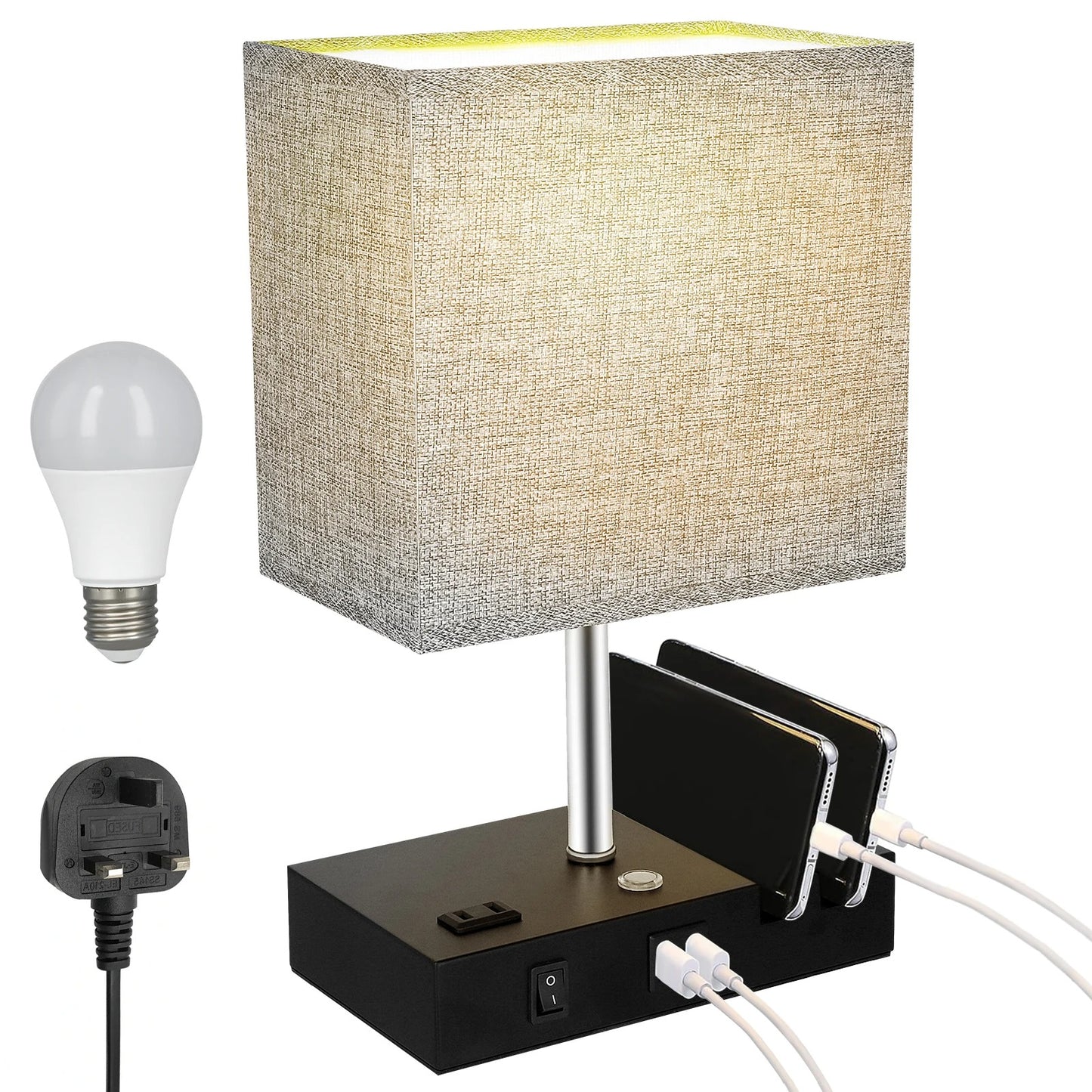 Bedside Lamp with 3 Color Temperatures, 2 USB Ports, AC Outlet, Phone Stand, and LED Bulb