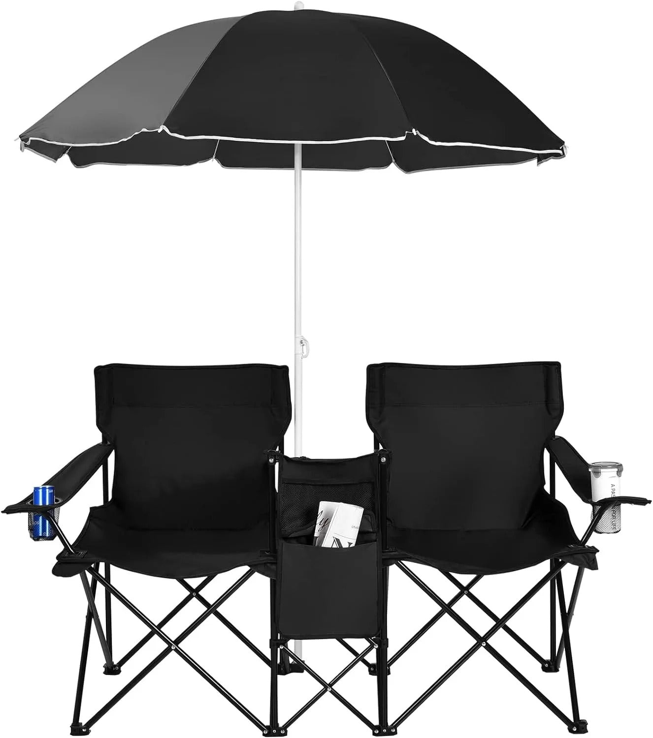 Portable Folding Picnic Double Chair W/Umbrella Table Cooler Beach Camping Chair