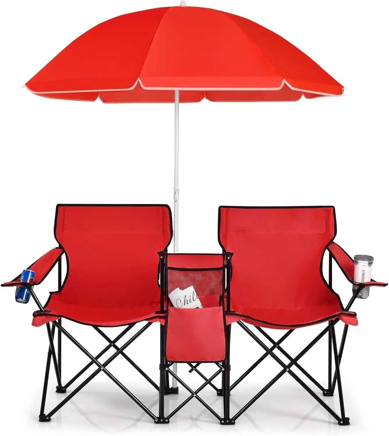 Portable Folding Picnic Double Chair W/Umbrella Table Cooler Beach Camping Chair