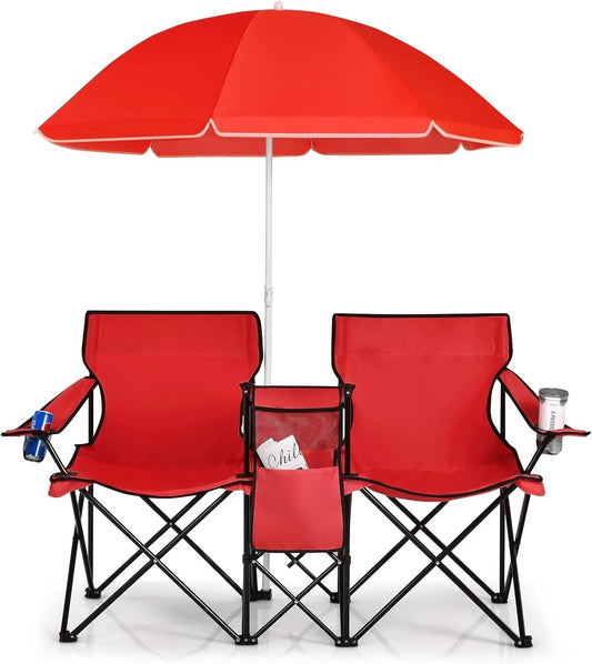 Portable Folding Picnic Double Chair W/Umbrella Table Cooler Beach Camping Chair