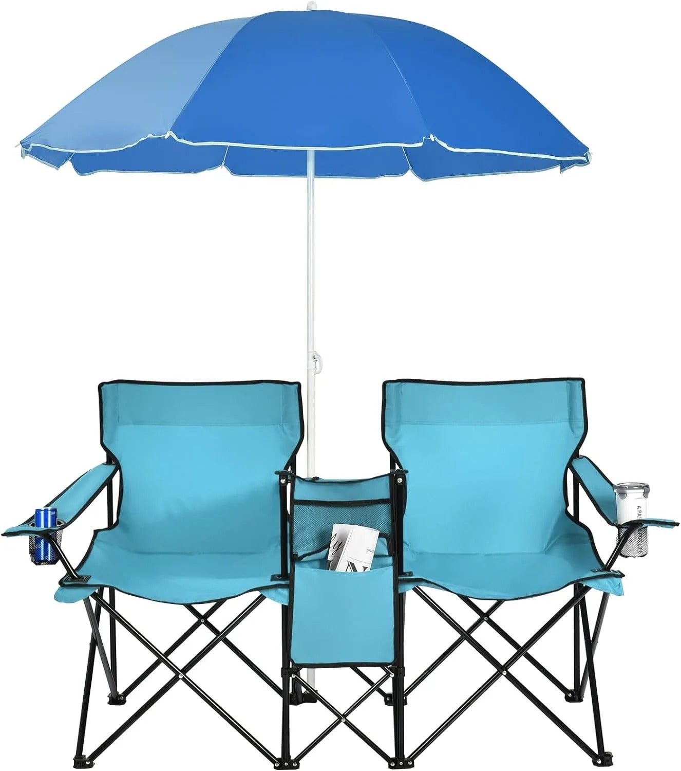 Portable Folding Picnic Double Chair W/Umbrella Table Cooler Beach Camping Chair